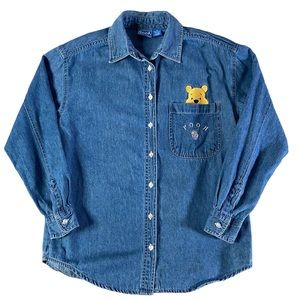 Vintage Winnie The Pooh Denim Shirt Womens Medium Blue Disney Button Embroidere